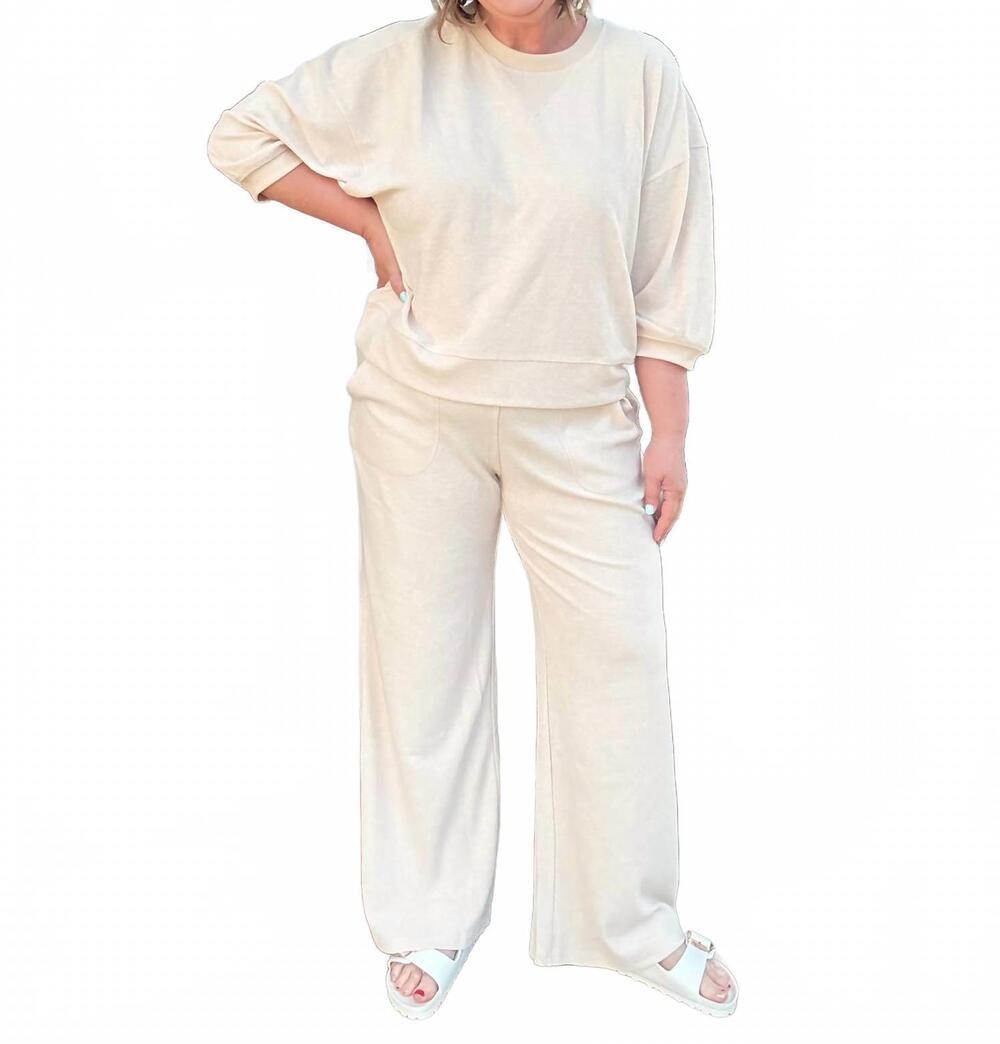 NEW SOFTIES terry cropped sleeve crew neck with wide leg pants in warm sand